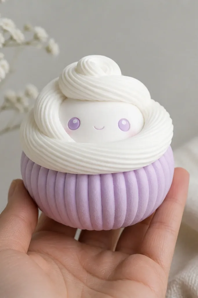 A lilac cupcake paper squishy with a white frosting top. The frosting is made from a curled strip that looks like piping, with small ridges. The body is rounded and the face sits in the center of the frosting area with lilac eyes.