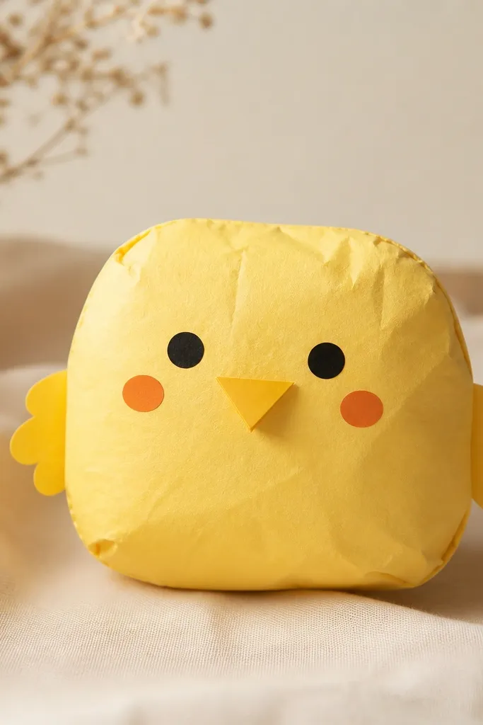A yellow chick-shaped paper squishy with tiny wings on the sides. The beak is a separate layered triangle in a slightly darker yellow, casting a small paper shadow. The chick has big black eyes and two orange cheek dots.