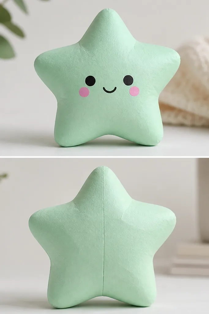 A mint green star-shaped paper squishy with rounded points. The star has a face centered on the flat front panel, and the points look puffed rather than sharp. The back shows a faint seam line along one arm.