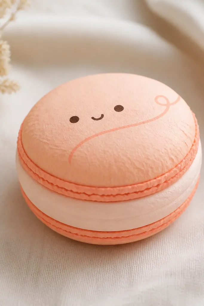 A peach-colored paper squishy shaped like a macaron with a thick filling layer and a darker peach edge band. The top has a tiny face and a simple swirl line detail. The edges show a clean, layered rim that looks like stacked cookie shells.