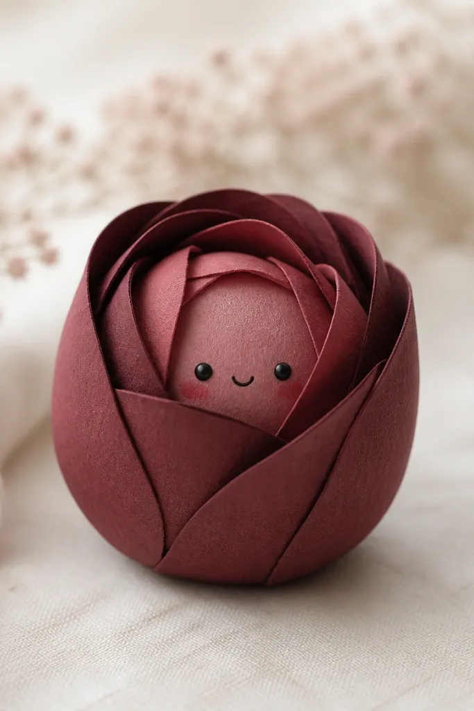A burgundy paper squishy shaped like a rose bud with layered petals. The petals look rolled and soft, with darker burgundy outer layers and lighter center highlights. The face is small and centered on the bud, with tiny black eyes and a soft blush.