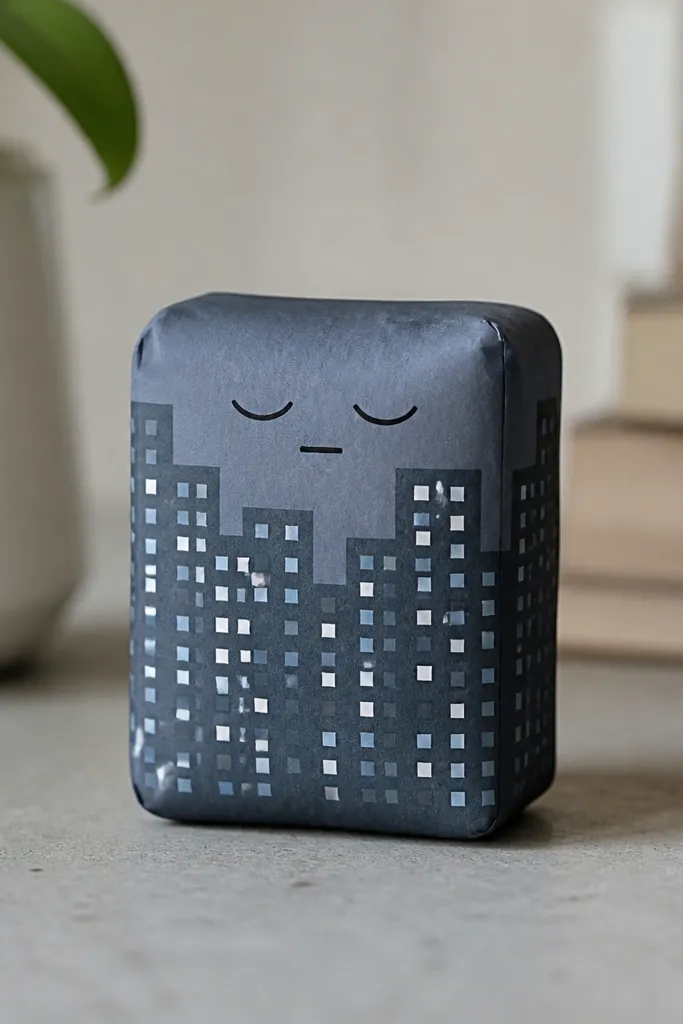 A small paper squishy shaped like a rounded rectangle with a city theme. The front has a grid of tiny window dots in white and pale blue, and the top has a simple face with sleepy eyes. The sides show subtle shading that suggests buildings.