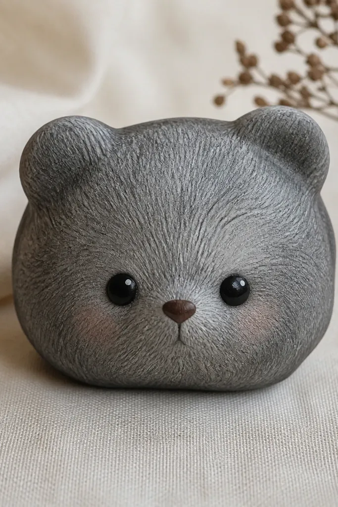 A charcoal gray paper squishy shaped like a small bear head or body. The face has big black eyes, a small brown nose, and faint blush. The surface has visible pencil shading lines that look like fur grain, especially around the cheeks and forehead.