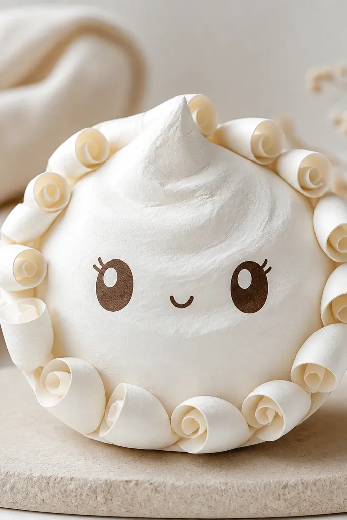 A white vanilla swirl paper squishy with a curled border around the edge, like a folded ribbon. The swirl border is made from thin strips curled outward. The face is centered with big eyes and a tiny mouth in warm brown.