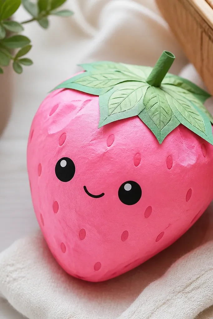 A pink strawberry-shaped paper squishy with green leafy top. The body has small darker pink seed dots that look slightly raised. The face is on the front with two eyes and a small mouth, and the leaves have layered veins.