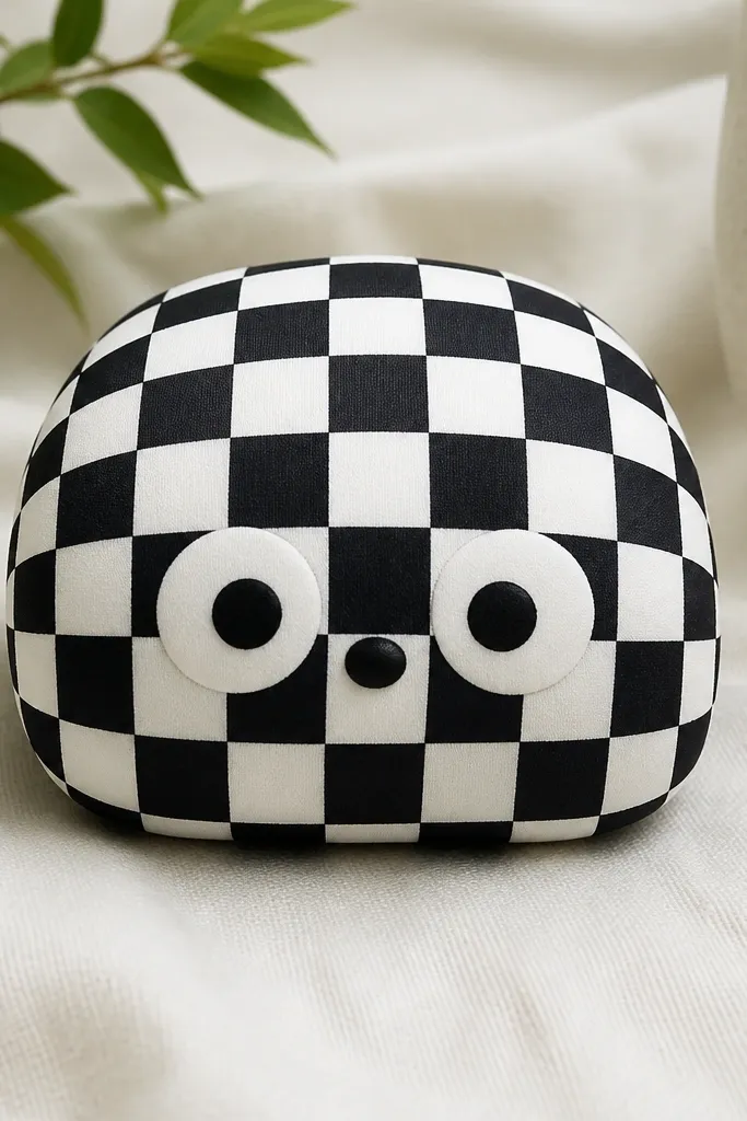 A black-and-white checkerboard paper squishy with rounded edges and a domed shape. The face has matte white eye circles with black pupils and a tiny nose. The checker pattern stays aligned across the curve, and the seams are hidden under the pattern.
