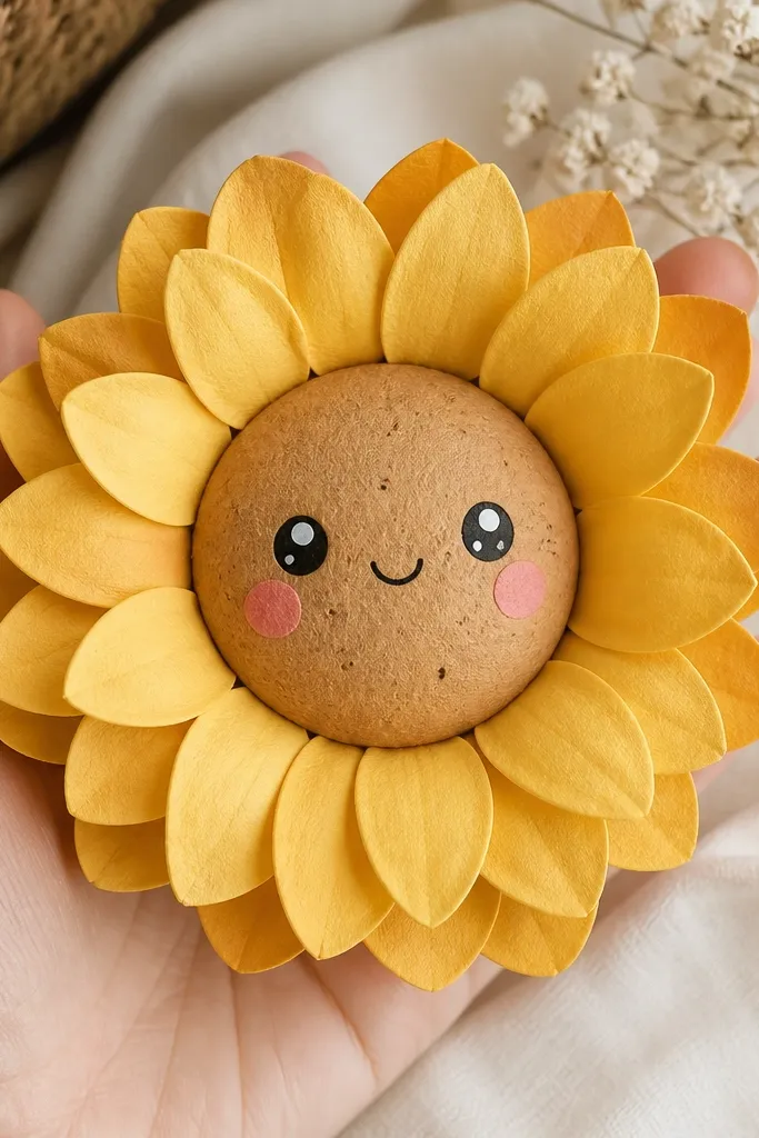 A sunflower-shaped paper squishy with a rounded center and layered yellow petals around it. The petals look slightly puffed with curled edges. The center has a cute face with freckles-like dots and big eyes.