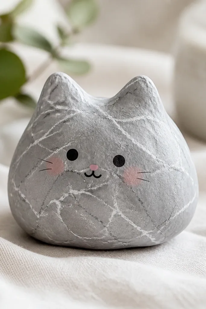 A gray paper squishy cat shape with rounded ears and a domed body. The surface has marble-like veining drawn in white gel pen and darker gray pencil. The cat face has black eyes, a tiny pink nose, and a small blush patch on the cheeks.