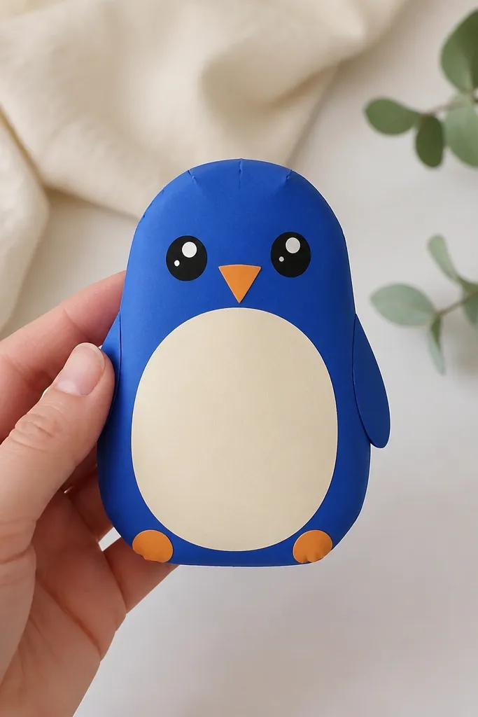 A royal blue penguin paper squishy with a pale belly panel. The belly is a cream oval placed in the center, and the edges are clean with no bleed. The penguin has big black eyes, a small orange beak triangle, and tiny feet dots at the bottom.