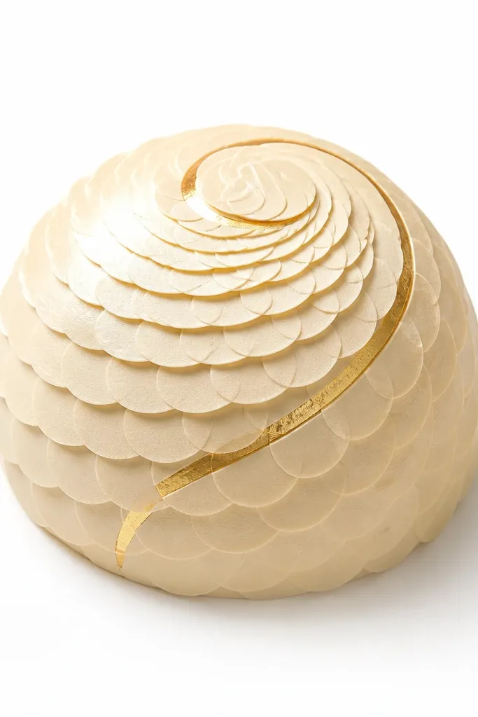 A pale cream 3D dome made from layered paper circles, with a thin darker-gold spiral stripe running from top to bottom and a small white highlight on the left edge. The dome sits on a white background like a plush dessert.