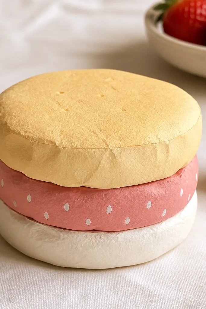 A layered paper squishy shaped like a shortcake: a pale sponge layer on top, a darker pink strawberry layer in the middle, and a cream base. Tiny white "seed dots" are scattered on the strawberry layer.
