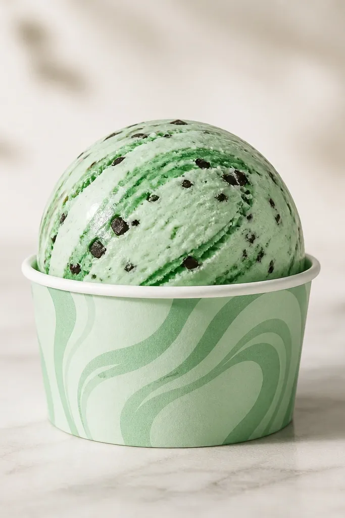A mint-green paper scoop with a darker mint swirl and small dark chip flecks. The scoop has a glossy-looking highlight stripe on the left and a soft shadow under the rim.