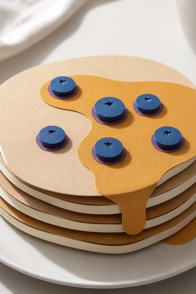 A 3D pancake stack made of paper with rounded edges. Blueberry-like circles sit on top with tiny purple shadow rings, and a warm golden syrup smear runs across the surface.