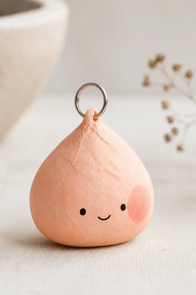 A small peach-colored paper squishy shape with a rounded bottom and a tiny face. It has a ring loop on top for a keychain and a darker peach blush spot on one side.