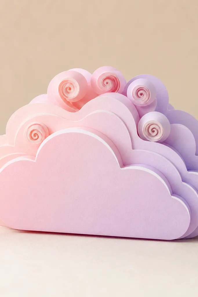 A pastel cloud made of layered paper with a pink-to-lavender gradient edge. Small spiral curls sit on top like cotton candy strands, and the front has a soft white highlight curve.