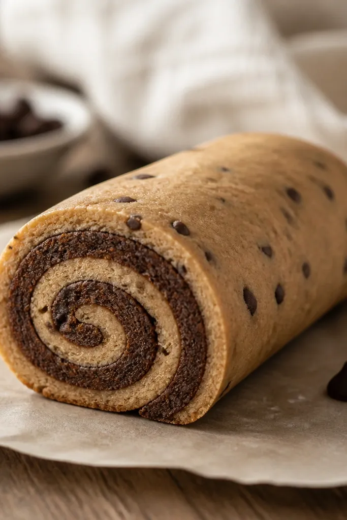 A rolled paper cookie with a spiral cross-section. The outer layer is light brown with darker chip flecks, and the cut face shows a darker inner swirl.