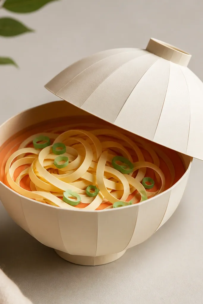 A cute 3D ramen bowl made from paper with a domed top. Curled noodle strips sit inside, with a soft orange broth gradient and a few green garnish circles.