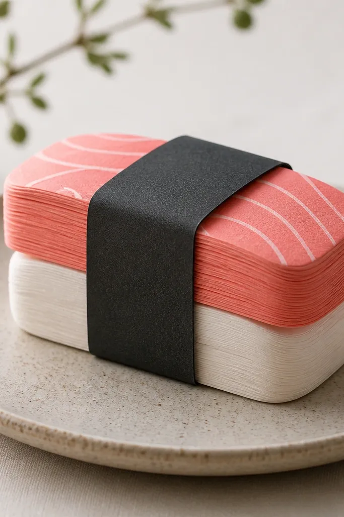 A stack of three paper sushi pieces: a dark seaweed strip on top, a pale rice base, and a salmon-pink layer. The edges are rounded and show layered thickness.