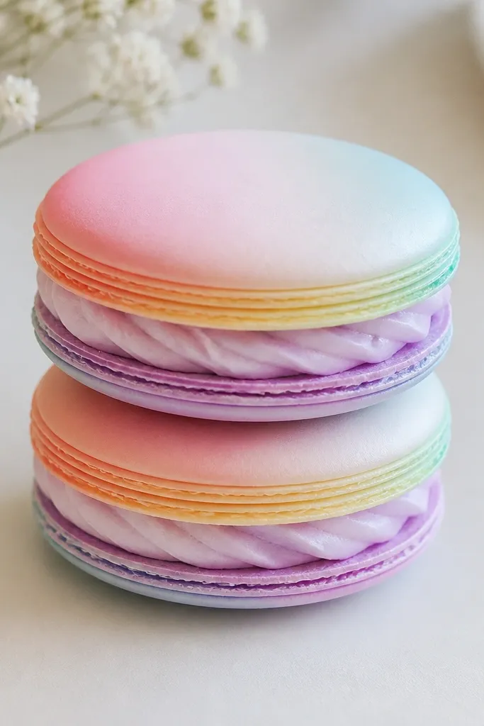 Two stacked macaron shells made of paper with a smooth dome. Each shell has a rainbow gradient ring and the filling is a thick pastel layer with a faint swirl.