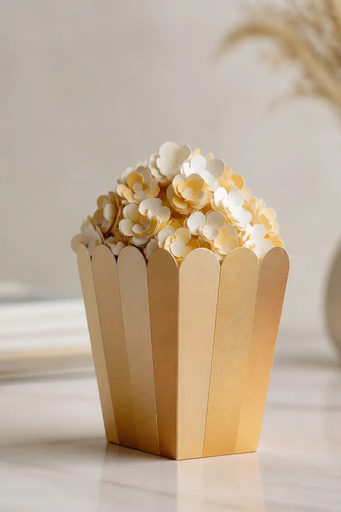 A small paper popcorn box with a domed top made of layered paper. The box has a warm toffee-gold gradient and popcorn kernels are tiny layered dots sticking out.