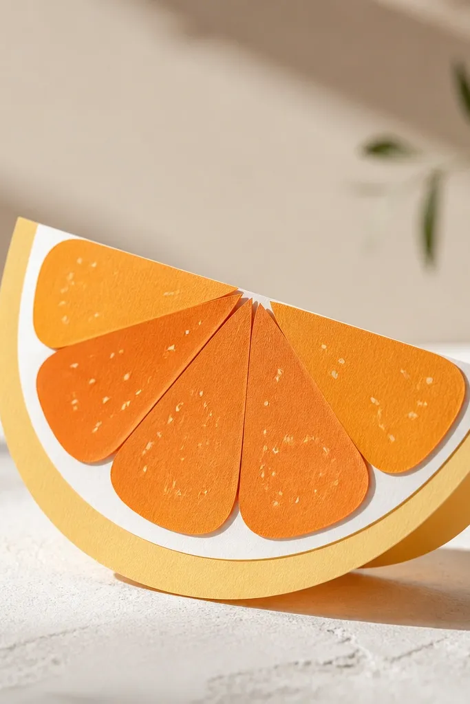 A paper slice shaped like orange sorbet with a thick curved rind. The rind is pale yellow with a white edge highlight, and the interior has layered orange segments with tiny seed dots.