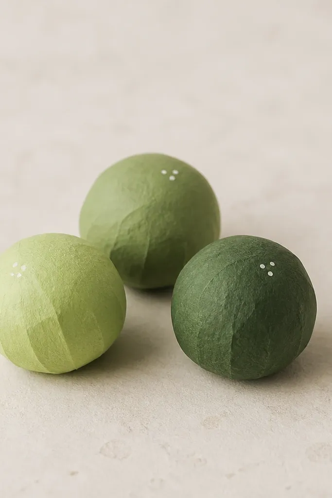Three small 3D mochi balls made from paper, each slightly different green. They have a soft darker-green shadow patch and tiny highlight dots like foam shine.
