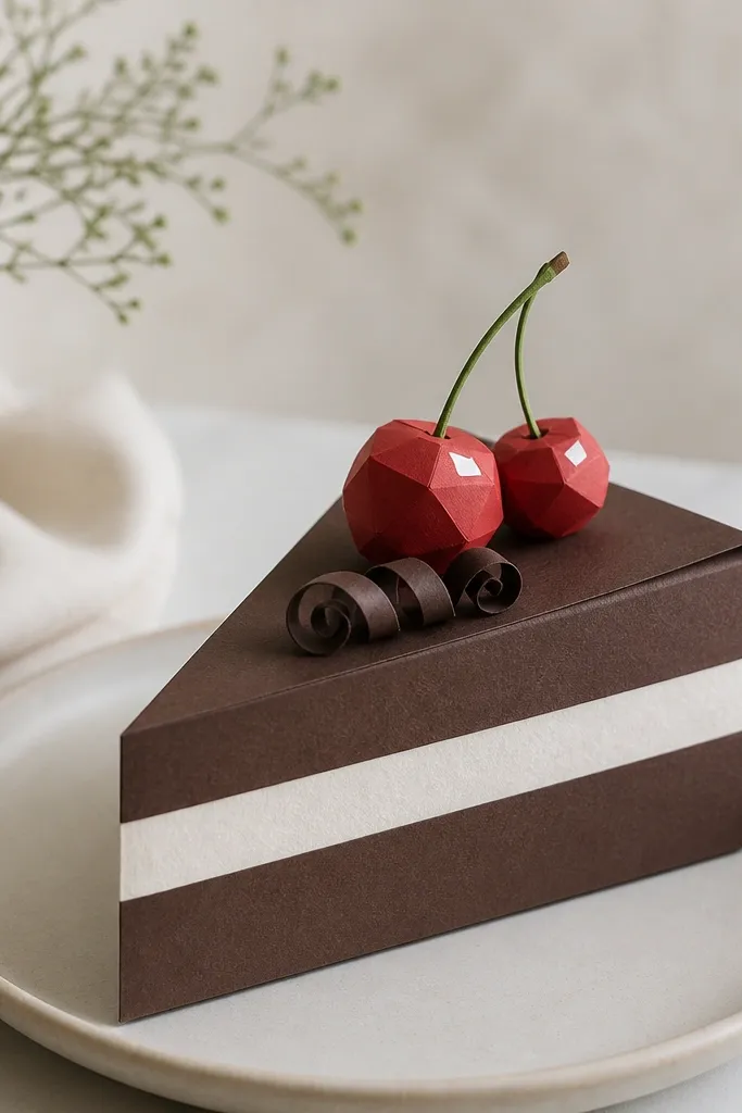 A paper wedge of cake with dark chocolate layers and a pale whipped cream strip. There are two paper cherries on top with glossy-looking highlights and a small chocolate curl decoration.