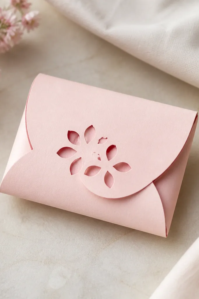 A small paper mochi pouch with rounded edges and a light blush pink body. Petal-shaped cutouts sit on the front, and a darker pink shadow line outlines the pocket seam.