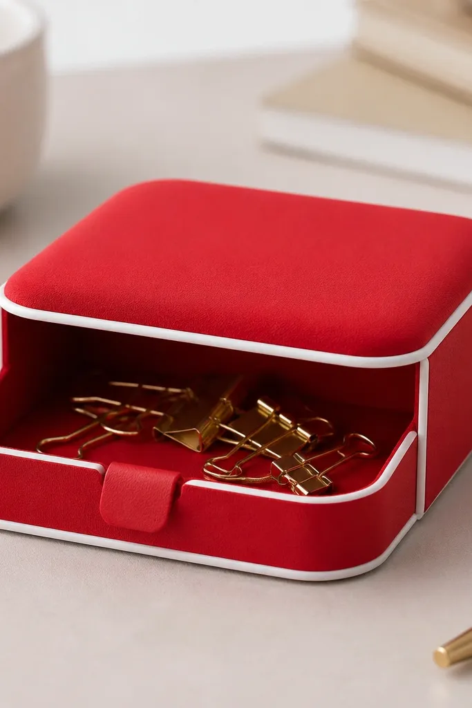 A small paper squishy box in bright cherry red with a soft-looking top. The lid has a neat rounded-rectangle shape, and inside is visible through an open side - a shallow tray for binder clips. The edges have a clean white lining and a small red tab closure on the front.