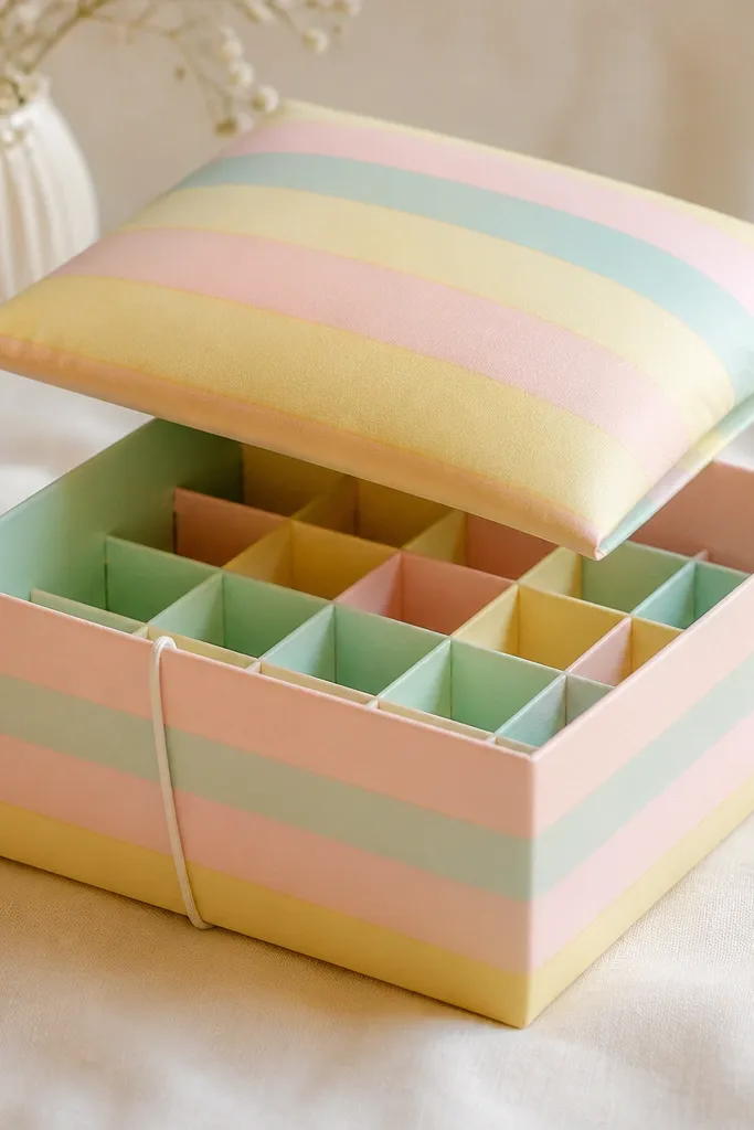 A pastel striped paper squishy box with a lid that looks like a soft pillow. The stripes run horizontally in mint, blush, and pale yellow. The storage section is visible with a grid-like dividers made from thin paper, and a small elastic band wraps around the outside for closure.