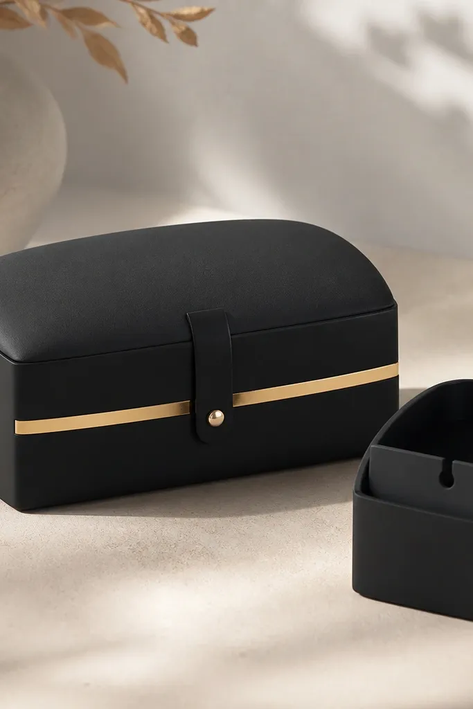 A matte black paper squishy container with a gold foil accent strip across the front. The lid has a slightly domed, soft look from foam under paper. The closure is a slim black strap with a small gold dot magnet, and the inside shows a cord slot divider.