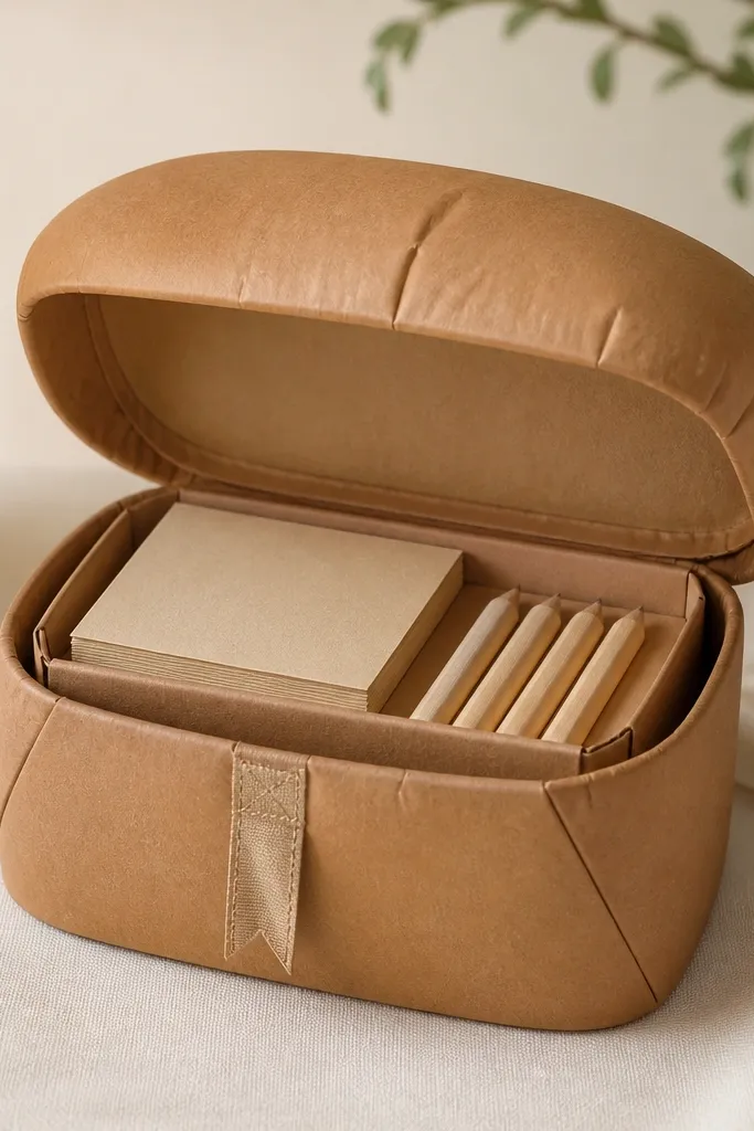 A kraft-brown paper squishy container with a warm toffee tint. The lid looks soft and rounded, and the front has a small stitched-looking ribbon detail. Inside, there's a flat tray holding small sticky notes and mini pencils, with neatly folded paper edges.