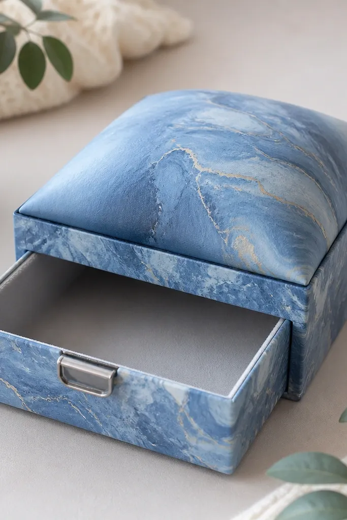 A blue marble-pattern paper squishy organizer with a lid that opens to reveal a sliding drawer. The drawer front is decorated with a small silver handle cutout. The squishy top has a smooth, domed look, and the drawer interior is lined in light gray paper.