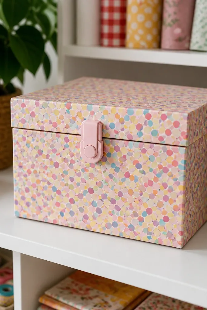 A stackable paper squishy box with a confetti rainbow cover. The lid has a soft, padded dome and a front lock tab. Several identical boxes are shown stacked, with matching alignment marks and a consistent size. The inside is lined in white paper with small storage compartments.