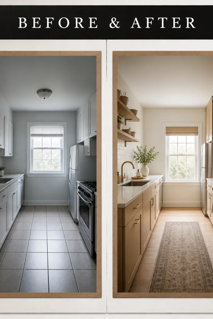 A poster board split down the middle with two matte photo windows; the left window is a slightly cooler-toned "before" photo and the right is a warmer "after" photo. A black title bar sits across the top with white text, and thin brown paper mats frame both photos.