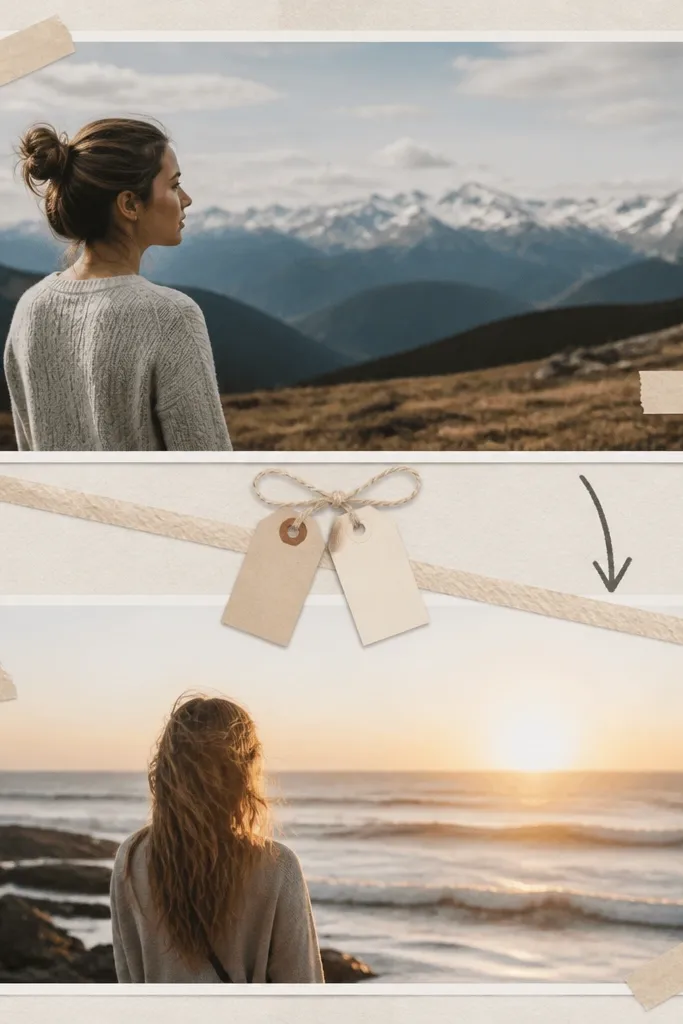 Two large photos stacked vertically with a diagonal washi tape line connecting them. Between the photos are small date tags on string-like washi, and a hand-drawn arrow points from the top photo to the bottom photo.