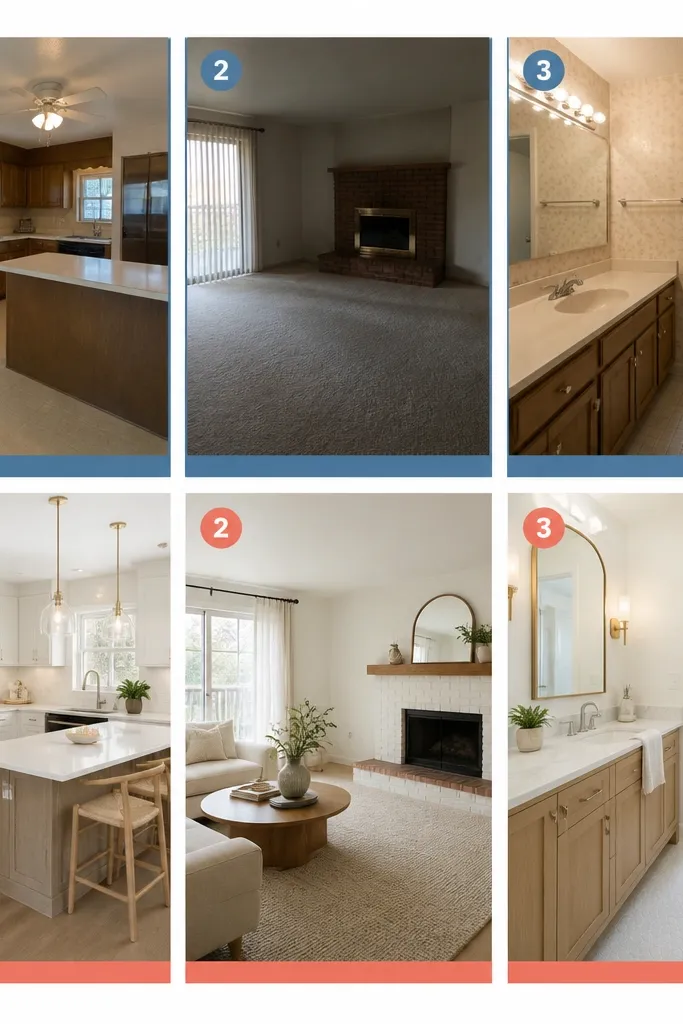 A 3x2 grid of six photos on a white background. Each before photo has a blue border strip and each after photo has a coral border strip, with small numbered circles in the corners.