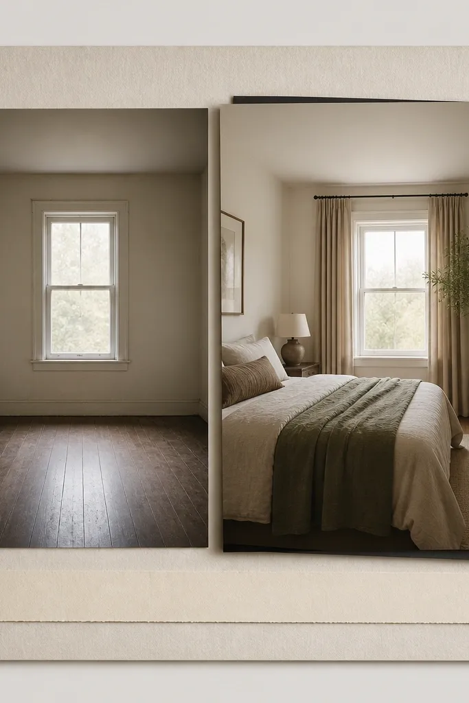 Two photos on a board; the after photo is layered on top with a slight offset, creating a dark paper shadow. The before photo sits flat on the left, and a small caption strip runs under both.
