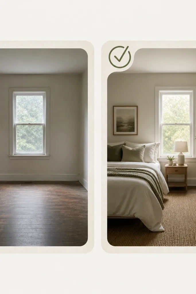 Two photos framed with rounded-corner paper borders. In each corner, there's a small icon: a clock for before and a checkmark for after, both in matching ink color.