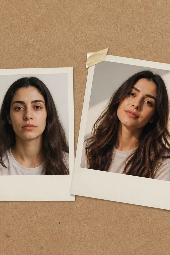Two polaroid-style frames on a corkboard or textured paper. The after photo is slightly tilted and "hinged" with curved pieces of tape at the top, while the before photo lies flatter.