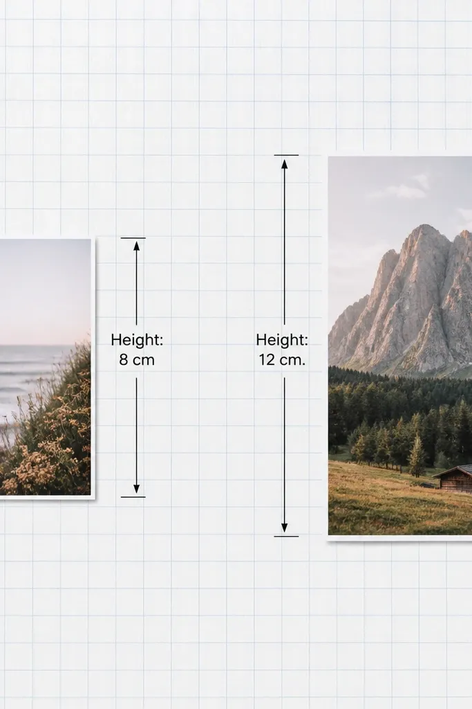 Graph paper background with two photos placed at left and right. Between them are simple measurement callouts with arrows pointing to the photos, like "Height: 8 cm" and "Height: 12 cm."