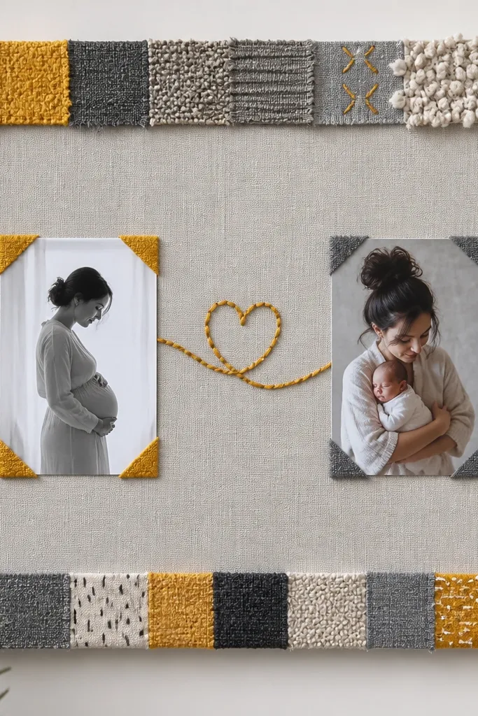 A board framed with small fabric scraps in gray and mustard. Photos are placed in the middle with corners held by tiny fabric tabs, and a stitched-looking yarn line connects before and after.