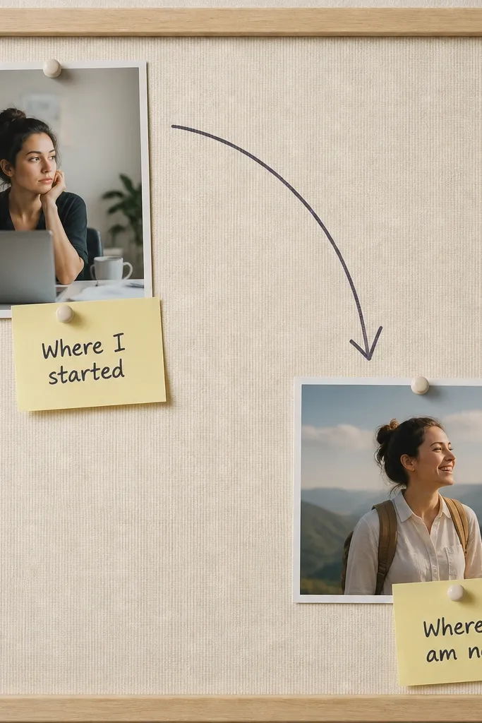 A board with a curved arrow drawn in pen from the top-left photo to the bottom-right photo. Two small sticky-note style rectangles sit near each photo with short captions written in black marker.