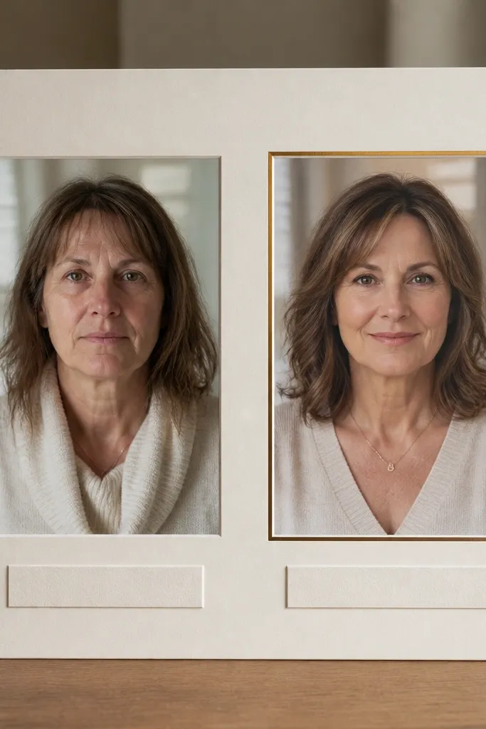 Two photos on a matte board; the after photo has a thin metallic gold foil frame around it. The before photo has only a paper frame, and both have matching caption strips.