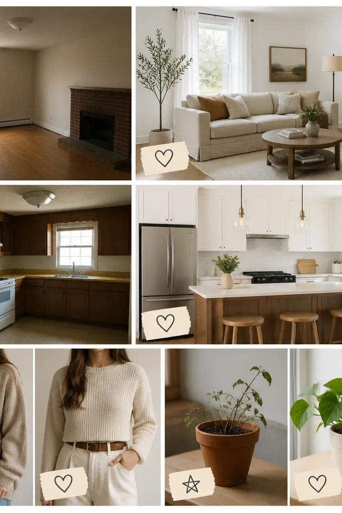 A collage with several small photos. Each photo has a sticker-like label in the same font style and same ink color. Before labels have a star icon; after labels have a heart icon.