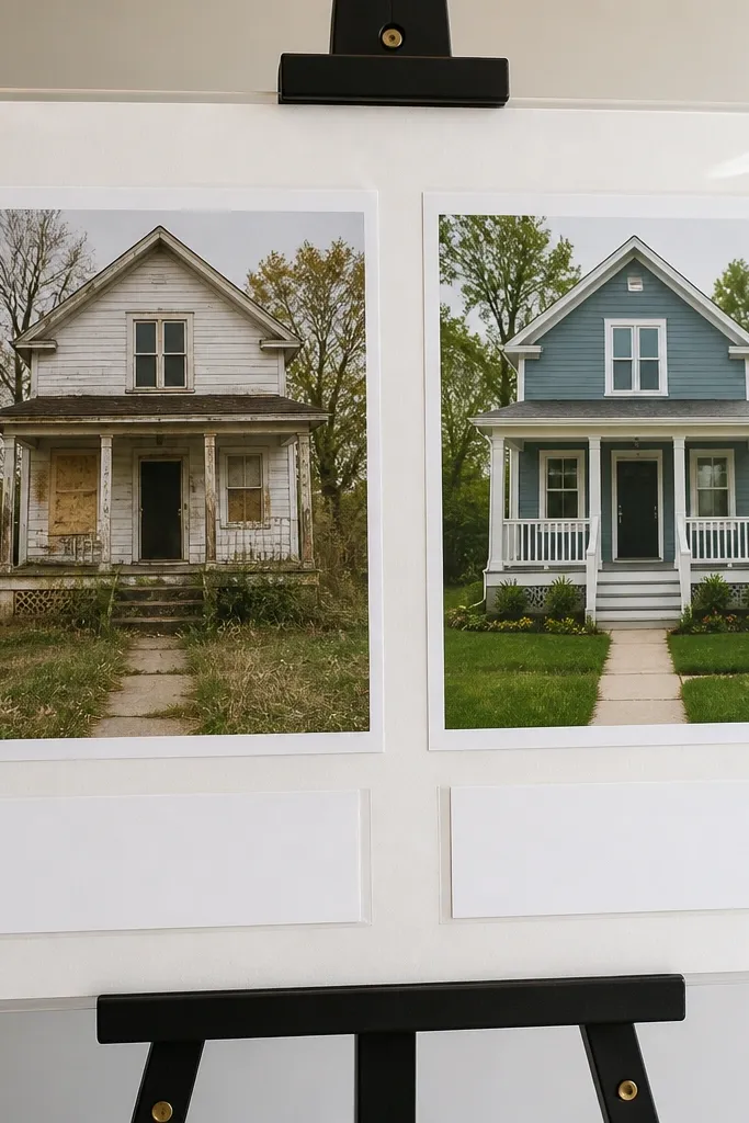 A poster board with a clear plastic sleeve covering the photos. The before photo is on the left, after on the right, and the labels are printed on card stock beneath the clear plastic.