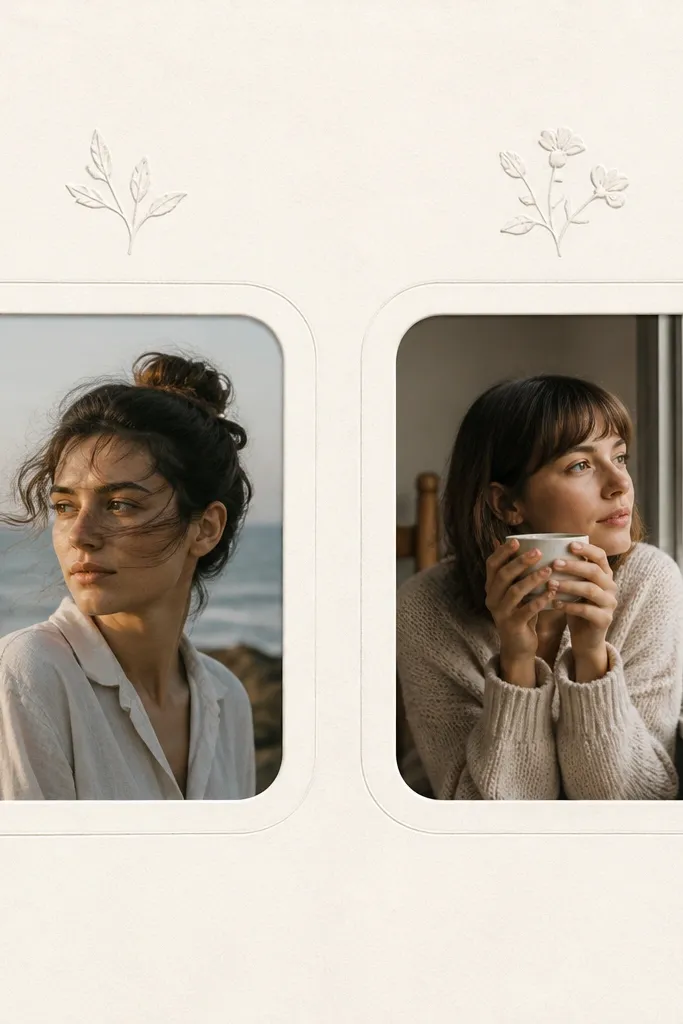 Two photo cutout windows shaped like rounded rectangles. Each window sits inside a curved paper border that looks like a picture frame, and a small subtitle is written above each.