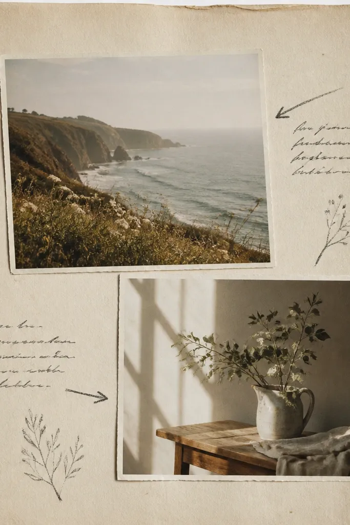 A collage on a page made from aged book paper. Two photos are placed on top, and handwritten-looking marginal notes sit beside them with arrows pointing to the photos.
