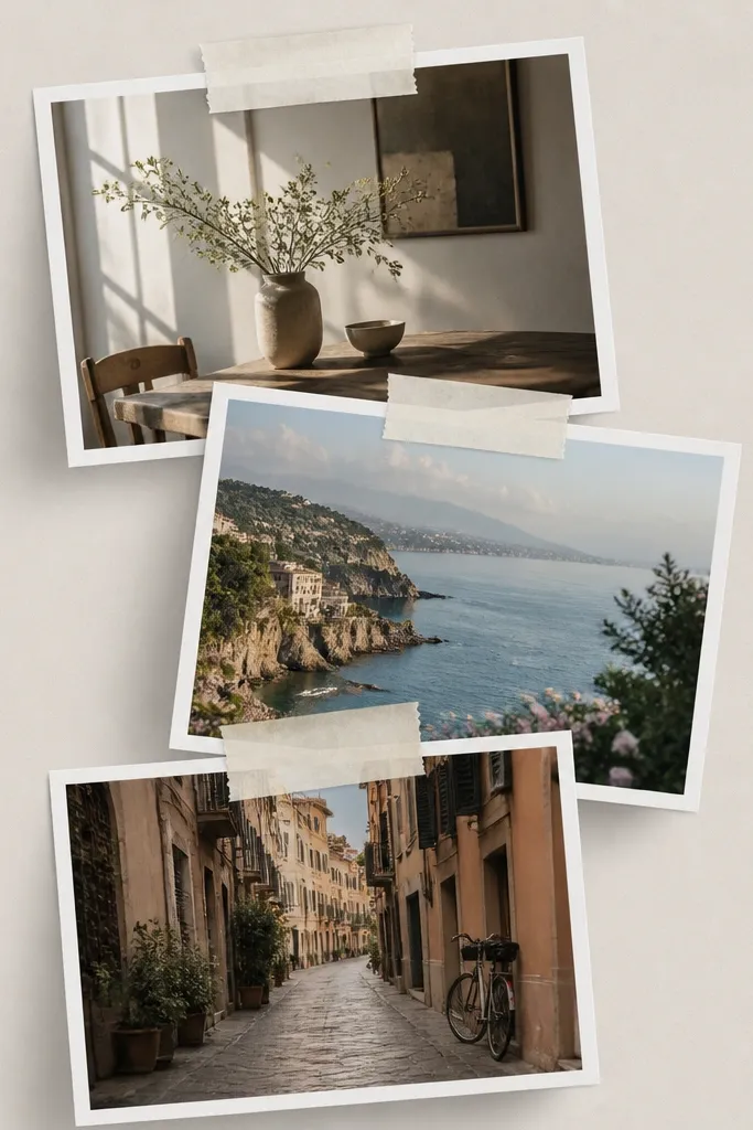 A vertical collage showing three photos stacked diagonally like Polaroids, each with a strip of off-white tape across the top edge and slight shadows.