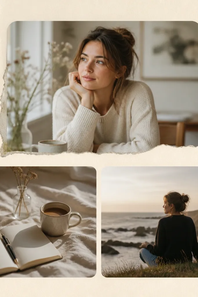 A Story collage with a warm cream paper background, three photos with rounded corners, and a subtle torn-paper edge behind the top photo.
